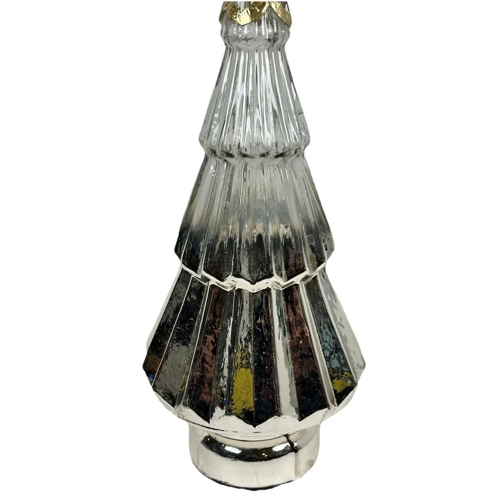 Silver Mercury Glass Tiered Christmas Tree Decor w/ Gold Star Topper 17